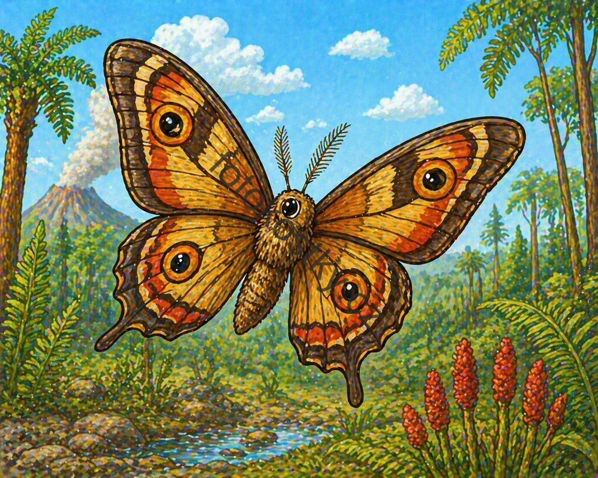 prehistorická krajina s obřím motýlem